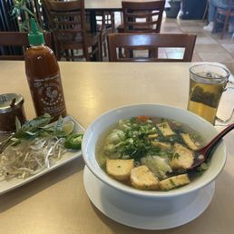 Vegetable pho and jasmine hot tea