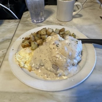 B&B Cafe - Chicken Fried Steak with home fries, biscuit and gravy with two over medium eggs! - American Near Me - Castle Rock, Colorado