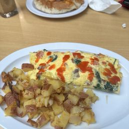 Build your own omelet, Yukon gold hashbrowns, peach cobbler pancakes Build your own omelet, Yukon gold hashbrowns, peach cobbler pancakes
