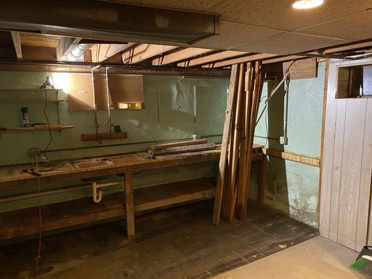 Basement bathroom - This house had a dark room in the basement that had been turned into a storage room. I tore it all out and built a brand new bathroom with an upflush system.