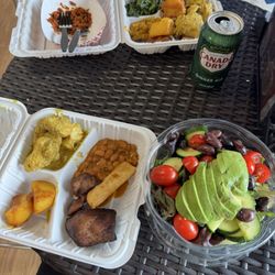 Sentie's Kitchen - Make your own plate.. salad as a base with added avocado slices, curry chicken, potatoes, pork, Yuka fry, pinto beans