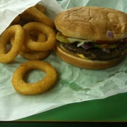 Feltner's Whatta-Burger - Whatta-burger with cheese and onion rings