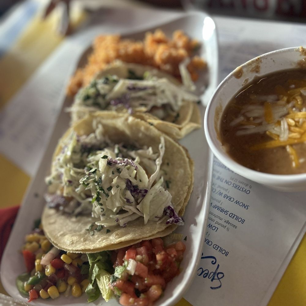 Sam's Boat - Fish Tacos with a side of refried beans - Seafood Near Me - Pearland, Texas Sam's Boat - Fish Tacos with a side of refried beans - Seafood Near Me - Pearland, Texas
