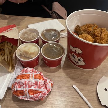 Jollibee - Had to try everything. 10pc spicy, spicy chicken sandwich, adobo rice, fries, and mashed potatoes and gravy $40 - Fast Food Near Me - Tukwila, Washington