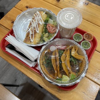 Jauja Mexican Kitchen - Three Birria Tacos and a Birria Burrito with a Horchata - Tacos Near Me - Brooklyn, New York Jauja Mexican Kitchen - Three Birria Tacos and a Birria Burrito with a Horchata - Tacos Near Me - Brooklyn, New York