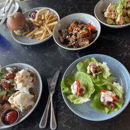 Korean fried chicken lettuce wrap, short rib benedict
