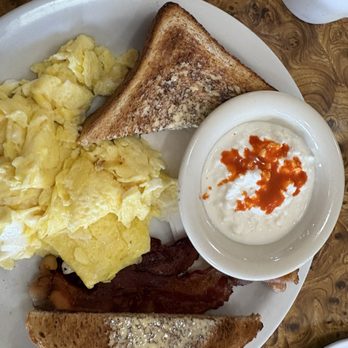 Sky Rider Coffee Shop - My "Create your own breakfast" plate- cottage cheese(I added cholula prior to pic) , grain toast, 2 scrambled eggs and bacon. - Breakfast & Brunch Near Me - Marana, Arizona Sky Rider Coffee Shop - My "Create your own breakfast" plate- cottage cheese(I added cholula prior to pic) , grain toast, 2 scrambled eggs and bacon. - Breakfast & Brunch Near Me - Marana, Arizona