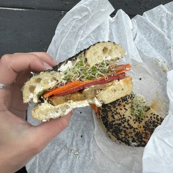 Old Salt Fish and Bagels - Bagel has egg wash But the insides are vegan bc I swapped the cashew spread for cream cheese on the veggie sandwich - Bagels Near Me - Seattle, Washington Old Salt Fish and Bagels - Bagel has egg wash But the insides are vegan bc I swapped the cashew spread for cream cheese on the veggie sandwich - Bagels Near Me - Seattle, Washington