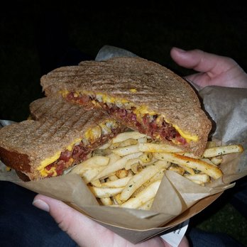 Odd Nights at the Autry - Bacon grilled cheese sandwich with garlic seasoned fries from the Currywurst truck - Festivals Near Me - Los Angeles, California Odd Nights at the Autry - Bacon grilled cheese sandwich with garlic seasoned fries from the Currywurst truck - Festivals Near Me - Los Angeles, California