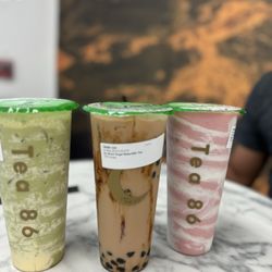 Tea 86 - Left to right: Thai Green Tornado with Puff, Brown Sugar Boba, and Strawberry Stormy with Cheese