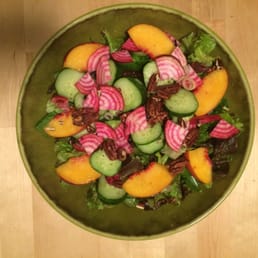 All produce from SavRaw- peaches, Japanese cucumber, heirloom lettuce, arugula, candy stripebeets green onion. All produce from SavRaw- peaches, Japanese cucumber, heirloom lettuce, arugula, candy stripebeets green onion.