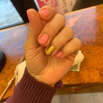 Golden Nails - Pink with one nail cold foiled - Nail Salons Near Me - Minneapolis, Minnesota Golden Nails - Pink with one nail cold foiled - Nail Salons Near Me - Minneapolis, Minnesota