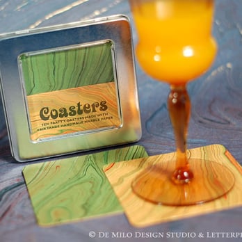 De Milo Design - Beverage coasters made from fair trade handmade marble paper. - Printing Services Near Me - South Pasadena, California De Milo Design - Beverage coasters made from fair trade handmade marble paper. - Printing Services Near Me - South Pasadena, California