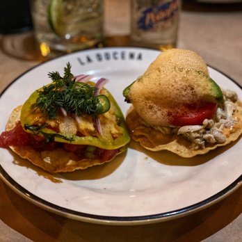 La Docena - tuna tostada and blue crab tostada with habenero foam...  TASTY - Seafood Near Me - Ciudad de México, DIF