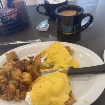Eggs Up Grill - Coastal crab cake Benedict and a buttermilk pancake. - Breakfast & Brunch Near Me - Austell, Georgia