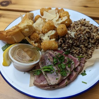 Brown Bag Seafood - Seared tuna with truffle parm totts and ancient grains. - Salad Near Me - Charlotte, North Carolina