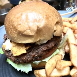 My Bites: (Black Bean Veggie Burger+Thin Plantain Chips+Creamed Goat Ch.)