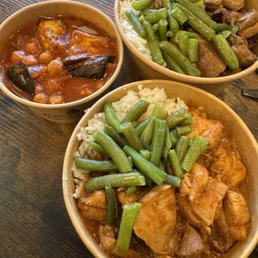 Clockwise: chicken adobo bowl (large), spicy chicken karahi bowl (regular), and side of eggplant zaalouk