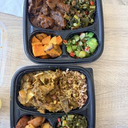 Oxtail, greens, sweet potatoes, Cora -- Curries goat, peas & rice, roasted potatoes, greens.