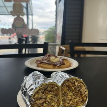 BB's Cafe - Pulled pork breakfast burrito and waffle with bacon - Soul Food Near Me - Covina, California BB's Cafe - Pulled pork breakfast burrito and waffle with bacon - Soul Food Near Me - Covina, California