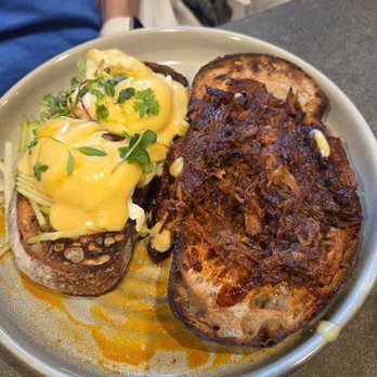 Five5eeds - I didn't have this, but someone at my table ordered the pulled pork benedict. It was double stacked- they kindly removed it for the photo. - Coffee & Tea Near Me - Park City, Utah