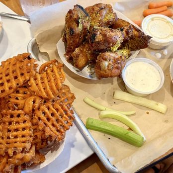Buffalo Cornbread - 16 Smoked Wings (lemon pepper/teriyaki) with Pinto Beans and Sweet Potato Fries - Burgers Near Me - Piedmont, South Carolina Buffalo Cornbread - 16 Smoked Wings (lemon pepper/teriyaki) with Pinto Beans and Sweet Potato Fries - Burgers Near Me - Piedmont, South Carolina