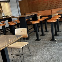 Inside restaurant, debris, and food on floor