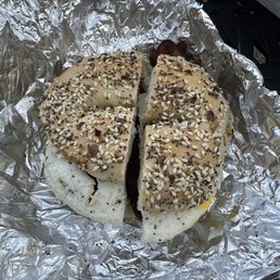 Breakfast bagel (everything bagel, bacon, an egg, and garlic and herb cream cheese)