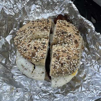 Bagel Tyme - Breakfast bagel (everything bagel, bacon, an egg, and garlic and herb cream cheese) - Bagels Near Me - Merced, California Bagel Tyme - Breakfast bagel (everything bagel, bacon, an egg, and garlic and herb cream cheese) - Bagels Near Me - Merced, California