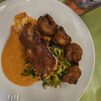 Little Moir's Food Shack - Salmon with Miso sauce, shrimp, seaweed salad over polenta, extremely good - Seafood Near Me - Jupiter, Florida Little Moir's Food Shack - Salmon with Miso sauce, shrimp, seaweed salad over polenta, extremely good - Seafood Near Me - Jupiter, Florida