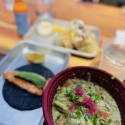 Nico's Fish Market - Thai green curry fish of the day, seabass burrito and simple salmon taco for the kiddo