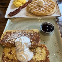 French toast with whipped cream, waffle with eggs and bacon French toast with whipped cream, waffle with eggs and bacon
