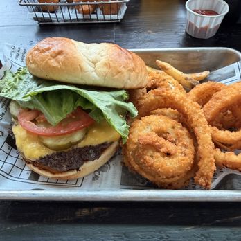 Fourths IV - Original burger + onion rings. You can see the fried mushrooms up top - very good! - Burgers Near Me - Austin, Texas Fourths IV - Original burger + onion rings. You can see the fried mushrooms up top - very good! - Burgers Near Me - Austin, Texas