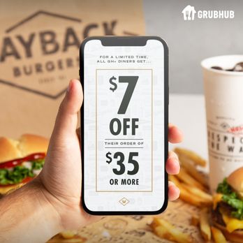 Wayback Burger - a hand holding a phone with a $ 7 off offer on it - Burgers Near Me - Allentown, Pennsylvania Wayback Burger - a hand holding a phone with a $ 7 off offer on it - Burgers Near Me - Allentown, Pennsylvania