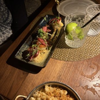Toca Madera - Truffle Mac and cheese in front, Diver Scallops in back - Steakhouses Near Me - Houston, Texas