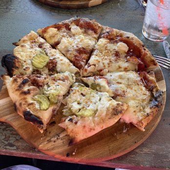 County Line Fire Pizza - Half pickles & ranch and half pepperoni, goat cheese, and arugula (without arugula). In the back, is the bacon jalapeño popper. - Pizza Near Me - Shelton, Washington County Line Fire Pizza - Half pickles & ranch and half pepperoni, goat cheese, and arugula (without arugula). In the back, is the bacon jalapeño popper. - Pizza Near Me - Shelton, Washington