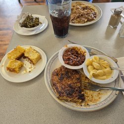 Smith's Short Stop - Blackened pork chop, beans, mac n cheese, and cornbread