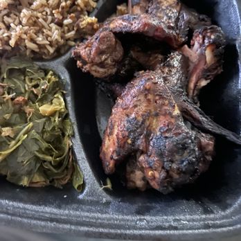 Caribbean Jerk Palace - Jerk chicken, collard greens and rice and peas - Caribbean Near Me - Houston, Texas