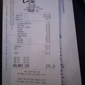 Loquita - Our final bill for 2 people, a little disappointed since we had higher expectations - Spanish Near Me - Santa Barbara, California Loquita - Our final bill for 2 people, a little disappointed since we had higher expectations - Spanish Near Me - Santa Barbara, California