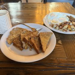 Breakfast Plate - Eggs, Sausage, Country Fried Potatoes, French Toast