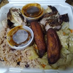 Jamaican Yard Vibes - Jerk chicken with plantains, cabbage and red beans and rice.