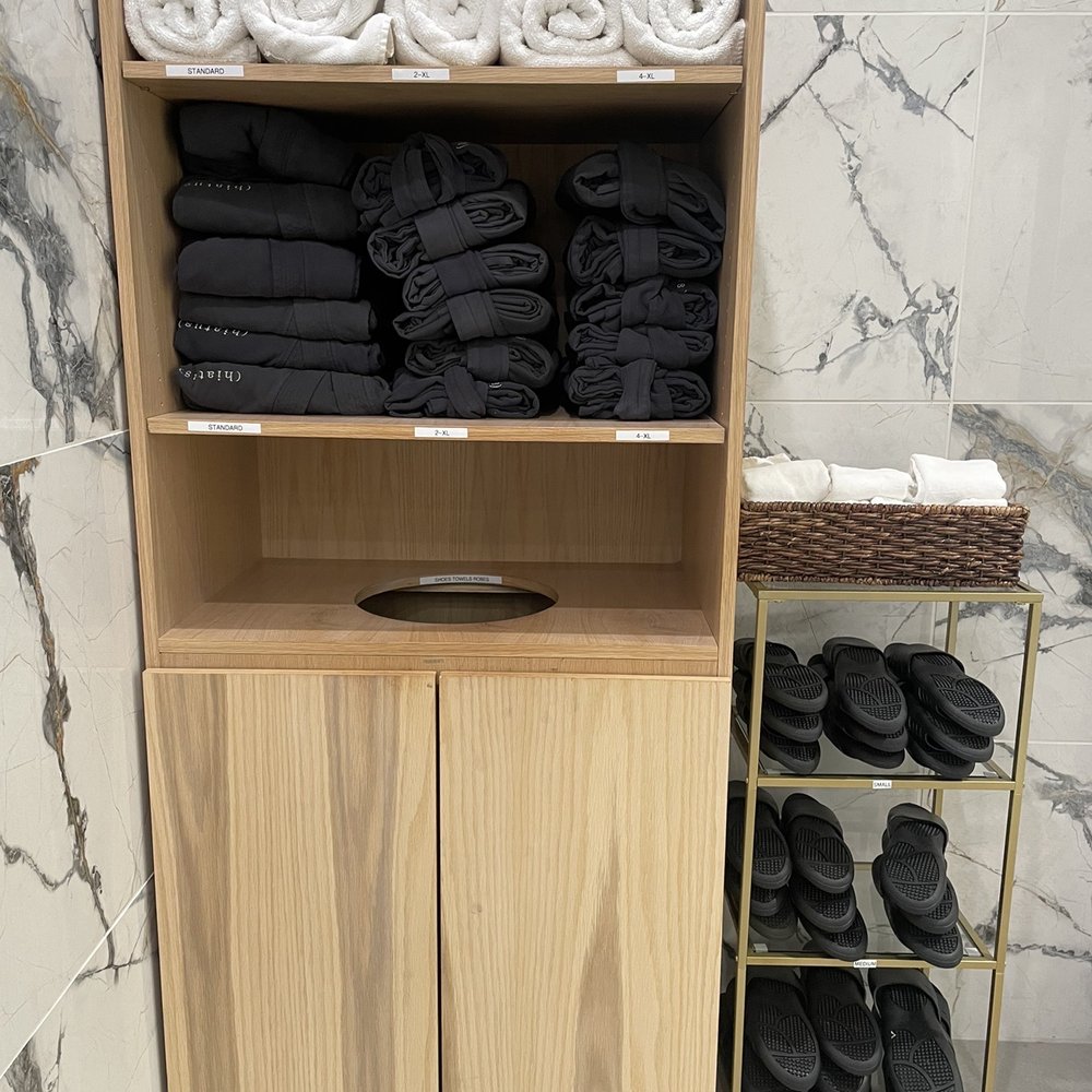 Towels, robes, slippers. Towels, robes, slippers.