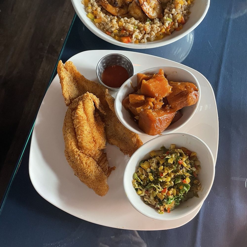 SavannahBlue - Catfish platter and grilled salmon and shrimp jambalaya - New American Near Me - Detroit, Michigan SavannahBlue - Catfish platter and grilled salmon and shrimp jambalaya - New American Near Me - Detroit, Michigan