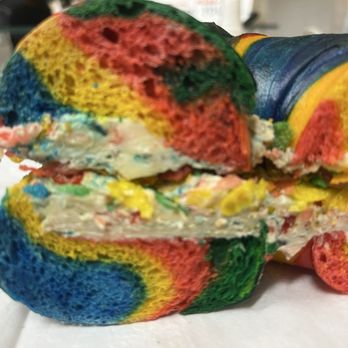 Knot Just Bagels - Rainbow bagel with fruity pebbles cream cheese - a must try for fanatics of both cereal and bagels - Delis Near Me - Woodbridge Township, New Jersey Knot Just Bagels - Rainbow bagel with fruity pebbles cream cheese - a must try for fanatics of both cereal and bagels - Delis Near Me - Woodbridge Township, New Jersey