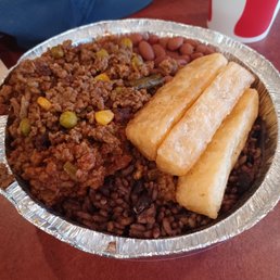Moro rice, red beans, picadillo, fried yuca Moro rice, red beans, picadillo, fried yuca
