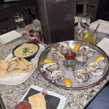 River House - 10/7/26 baked lump crab spinach and artichoke dip appetizer and half dozen East Coast oysters, and a pair of West Coast oysters - New American Near Me - Louisville, Kentucky River House - 10/7/26 baked lump crab spinach and artichoke dip appetizer and half dozen East Coast oysters, and a pair of West Coast oysters - New American Near Me - Louisville, Kentucky