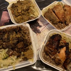 Mainsha Restaurant - Top left: curry chicken Top right: fried chicken  Bottom left: oxtail Bottom right: jerk chicken