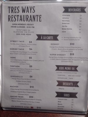 Menu photo 3 Tres Ways Restaurante Glencoe, CA Menu photo 3 Tres Ways Restaurante Glencoe, CA