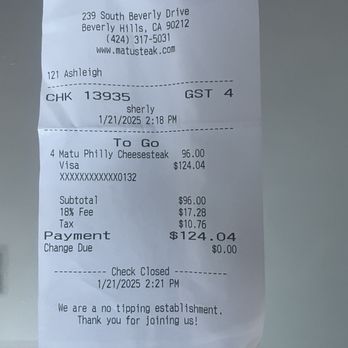 Matu - Can someone explain what does we are a no tipping establishment mean? - Steakhouses Near Me - Beverly Hills, California