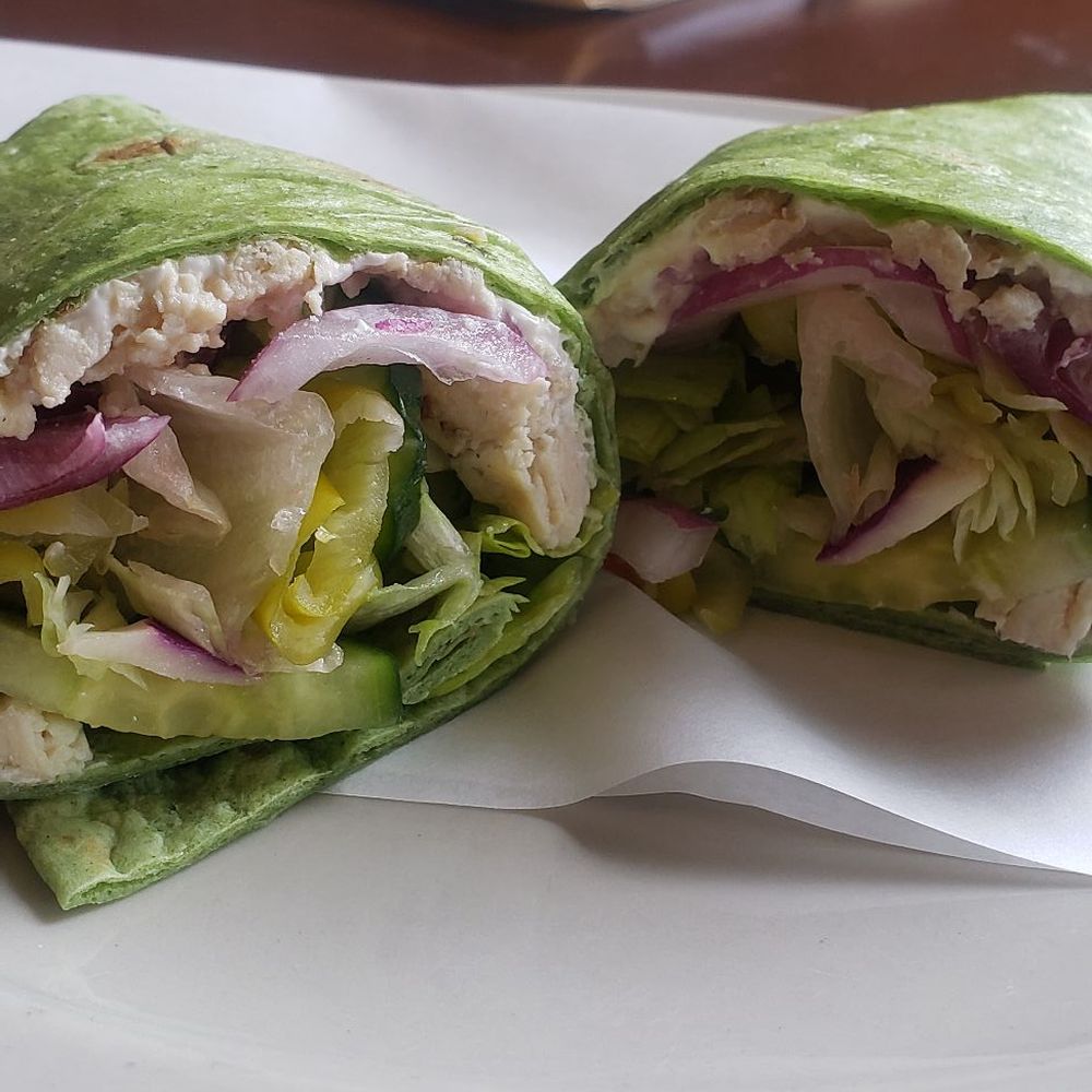 Old Town Coffee & Chocolates - Chicken wrap (more of a chicken salad wrap) with a spinach tortilla - Coffee & Tea Near Me - Eureka, California Old Town Coffee & Chocolates - Chicken wrap (more of a chicken salad wrap) with a spinach tortilla - Coffee & Tea Near Me - Eureka, California